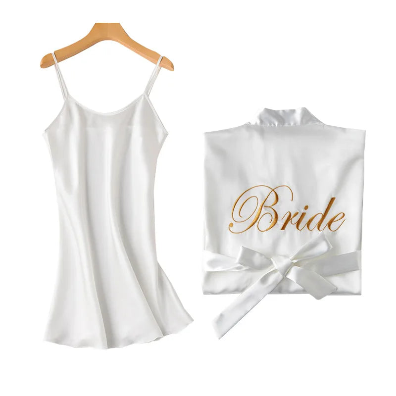 Embroidered Satin Silk Robe Cami Slip Set – Bridal Bridesmaid Wedding Sleepwear Nightdress for Women