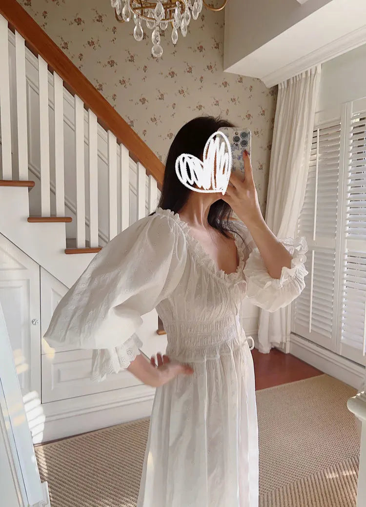 Women 100% Cotton Nightdress Embroidery French Beautiful Sleepwear Sweet Palace Retro Princess Vintage Nightgown Morning Robe