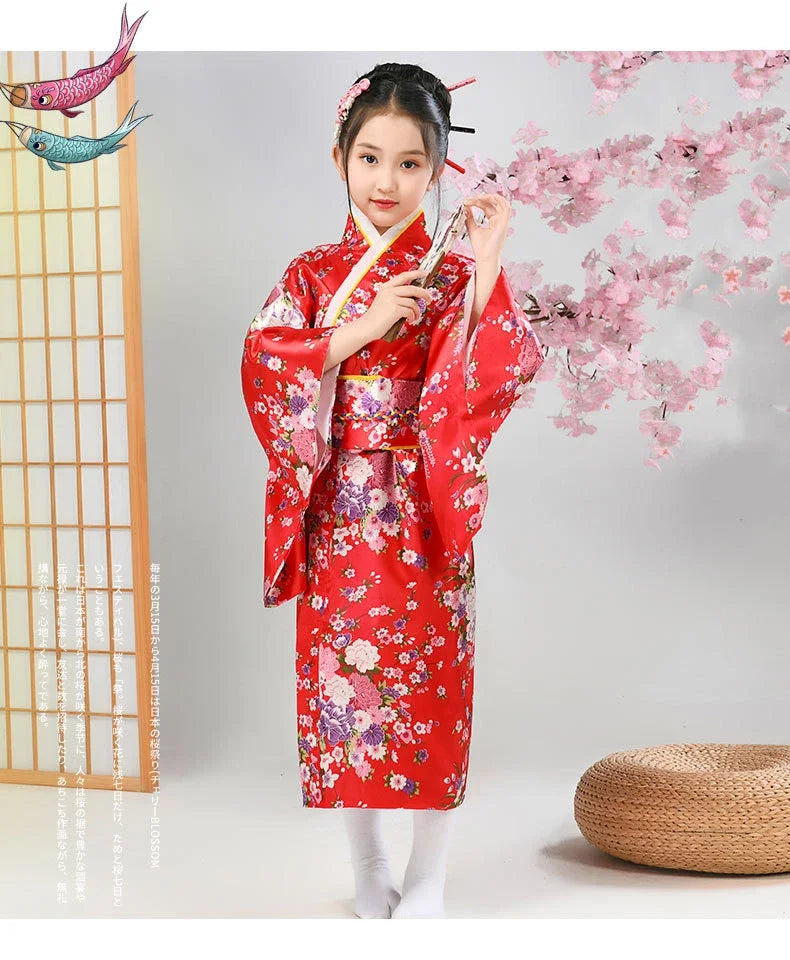Kids Japan Style Sakura Floral Kimono Robe, Traditional Yukata Haori Elegant Dress for Cultural Performance Costume