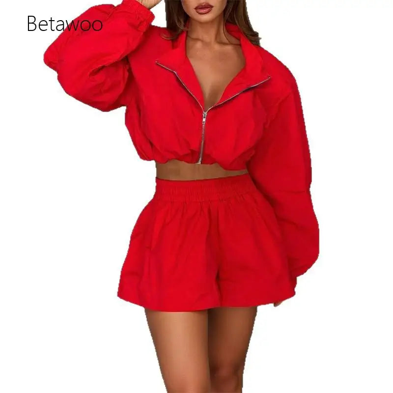 Women's Red 2 Piece Set Zip Up Long Sleeve Crop Top and High Waist Shorts Casual Summer Outfit Matching Set Streetwear Fashion