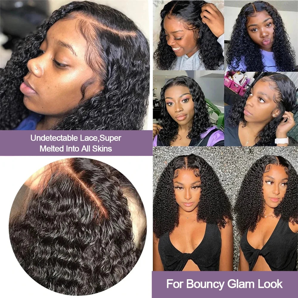 Human Hair Bob Pixie Cut Wig Double Knots Glueless Curly Water Wave 13x4 Pre-Cut Bleached No Glue Wig Remy 30s Easy Install