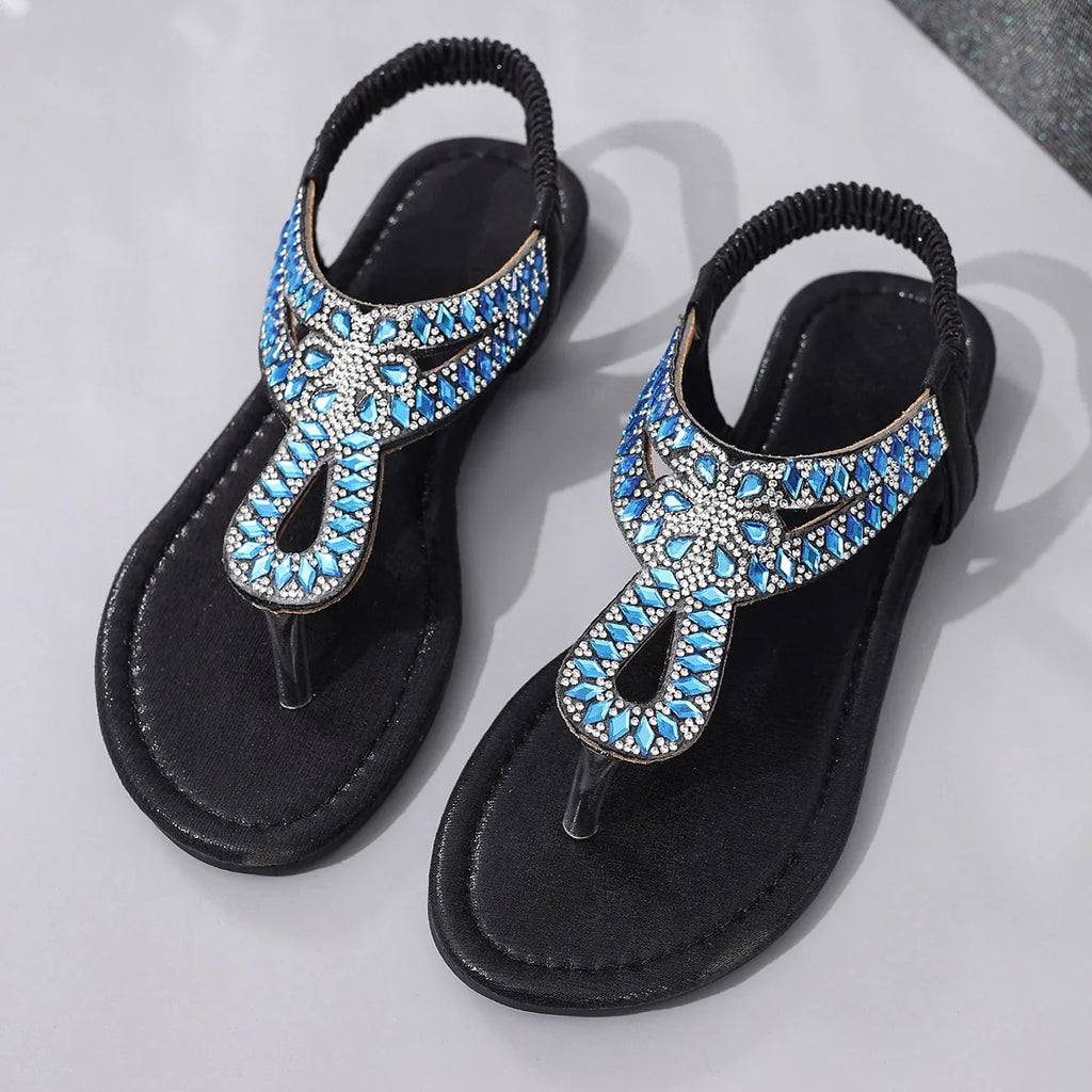 Blue Rhinestones Flat Sandals for Women Summer Bohemian Style Comfort Beach Shoes Woman Lightweight Clip Toe Roman Sandals