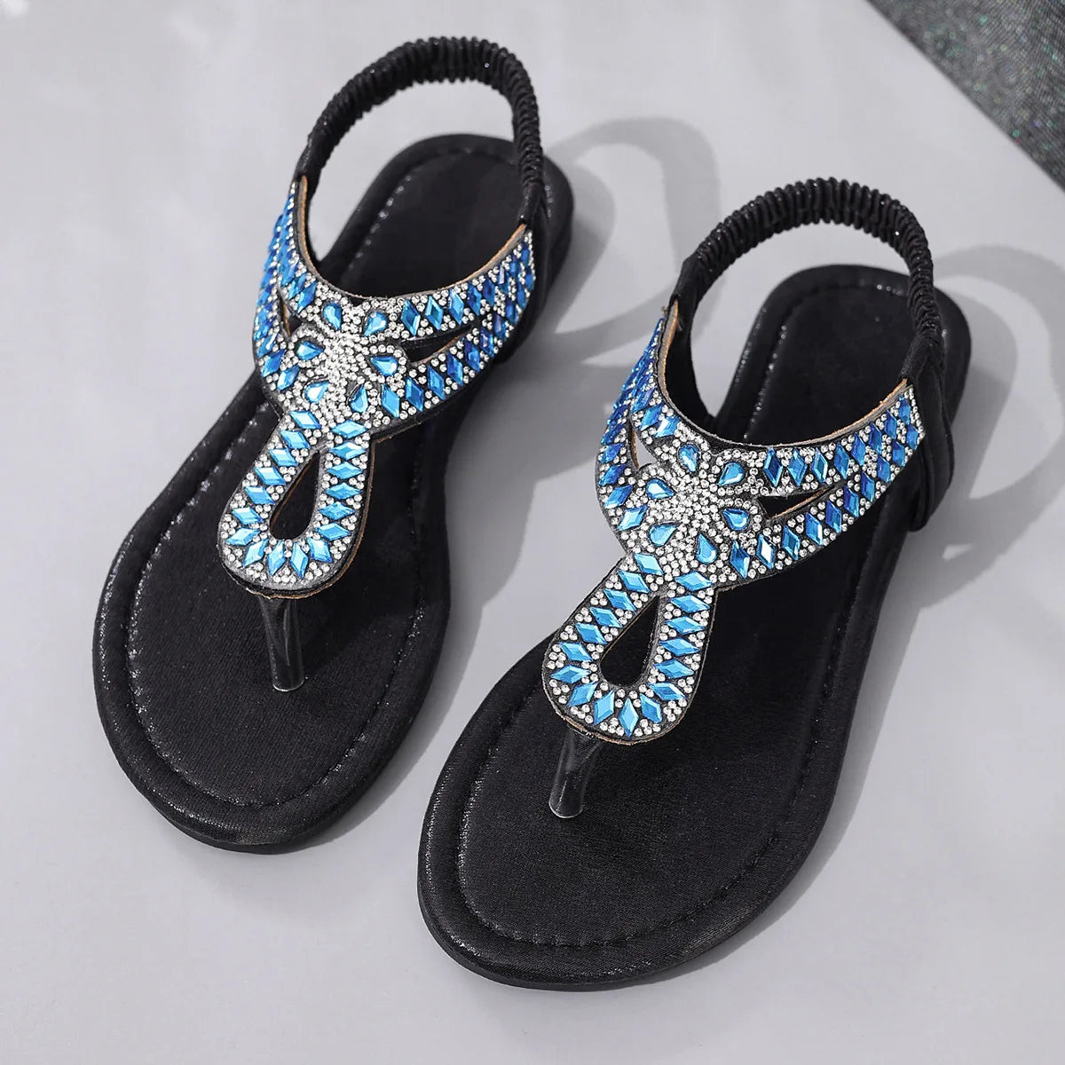 Blue Rhinestones Flat Sandals for Women Summer Bohemian Style Comfort Beach Shoes Woman Lightweight Clip Toe Roman Sandals