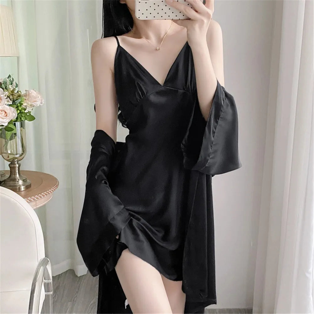 2 Pcs Nighty&Bathrobe Sets Bride Bridesmaid Wedding Robe Gown Womens Sleepwear With Belt Nightgown Loose Kimono