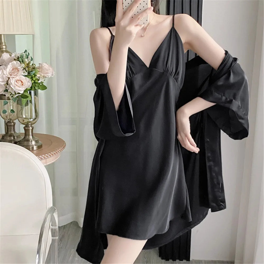 2 Pcs Nighty&Bathrobe Sets Bride Bridesmaid Wedding Robe Gown Womens Sleepwear With Belt Nightgown Loose Kimono