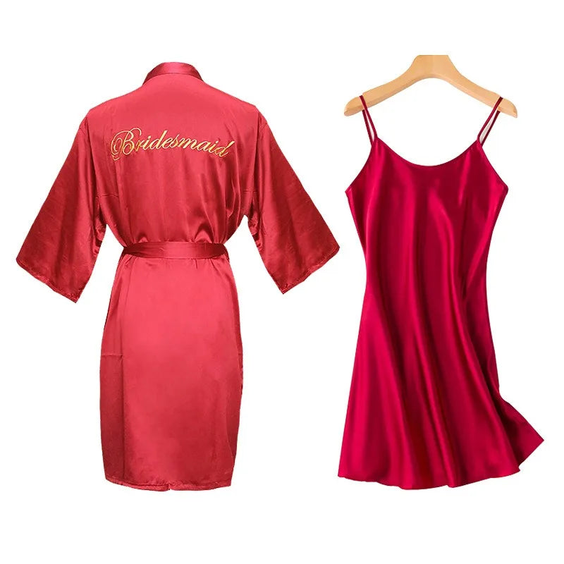 Embroidered Satin Silk Robe Cami Slip Set – Bridal Bridesmaid Wedding Sleepwear Nightdress for Women
