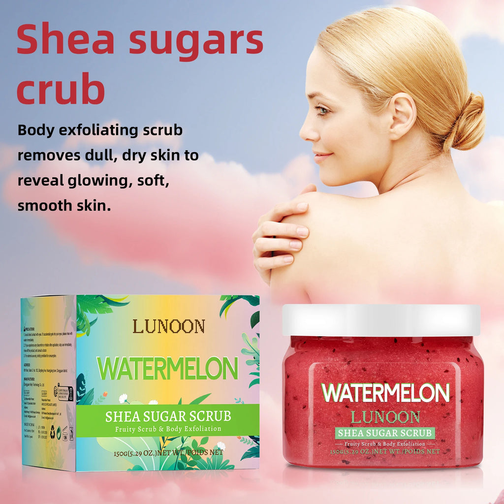 Natural Watermelon Shea Sugar Scrub 150g - Body Exfoliator, Moisturizing, Smooth & Glowing Skin, For Elbows, Knees, Back & Legs