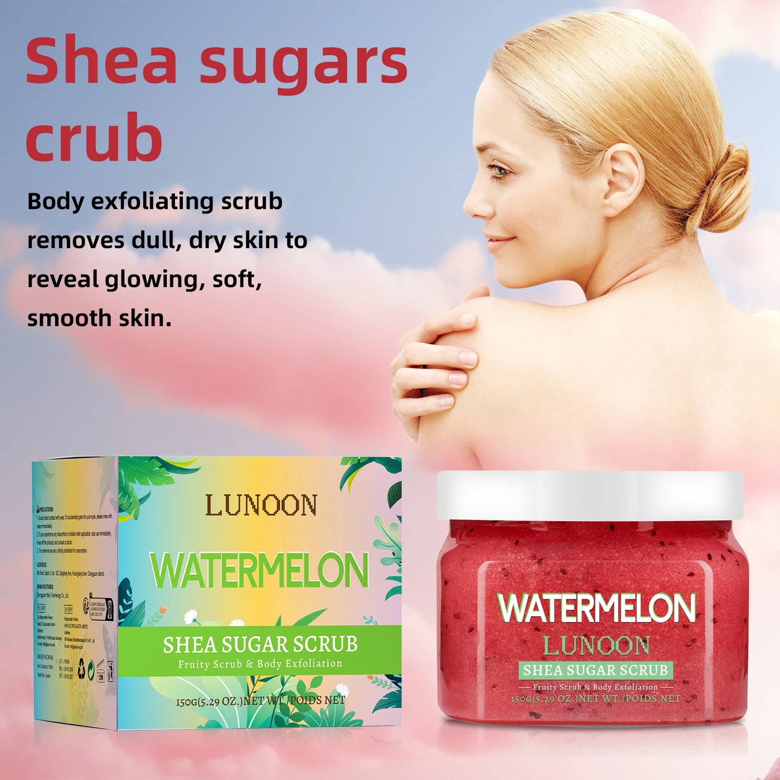 Natural Watermelon Shea Sugar Scrub 150g - Body Exfoliator, Moisturizing, Smooth & Glowing Skin, For Elbows, Knees, Back & Legs