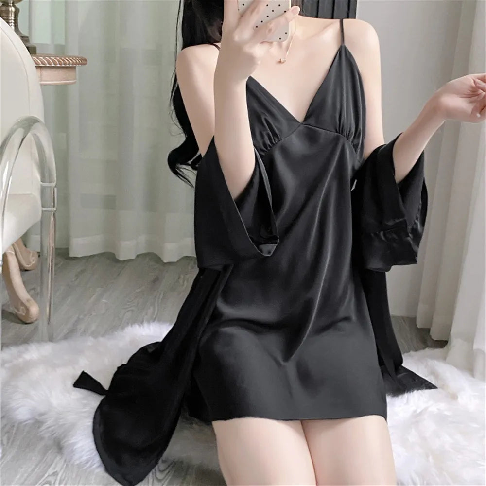 2 Pcs Nighty&Bathrobe Sets Bride Bridesmaid Wedding Robe Gown Womens Sleepwear With Belt Nightgown Loose Kimono