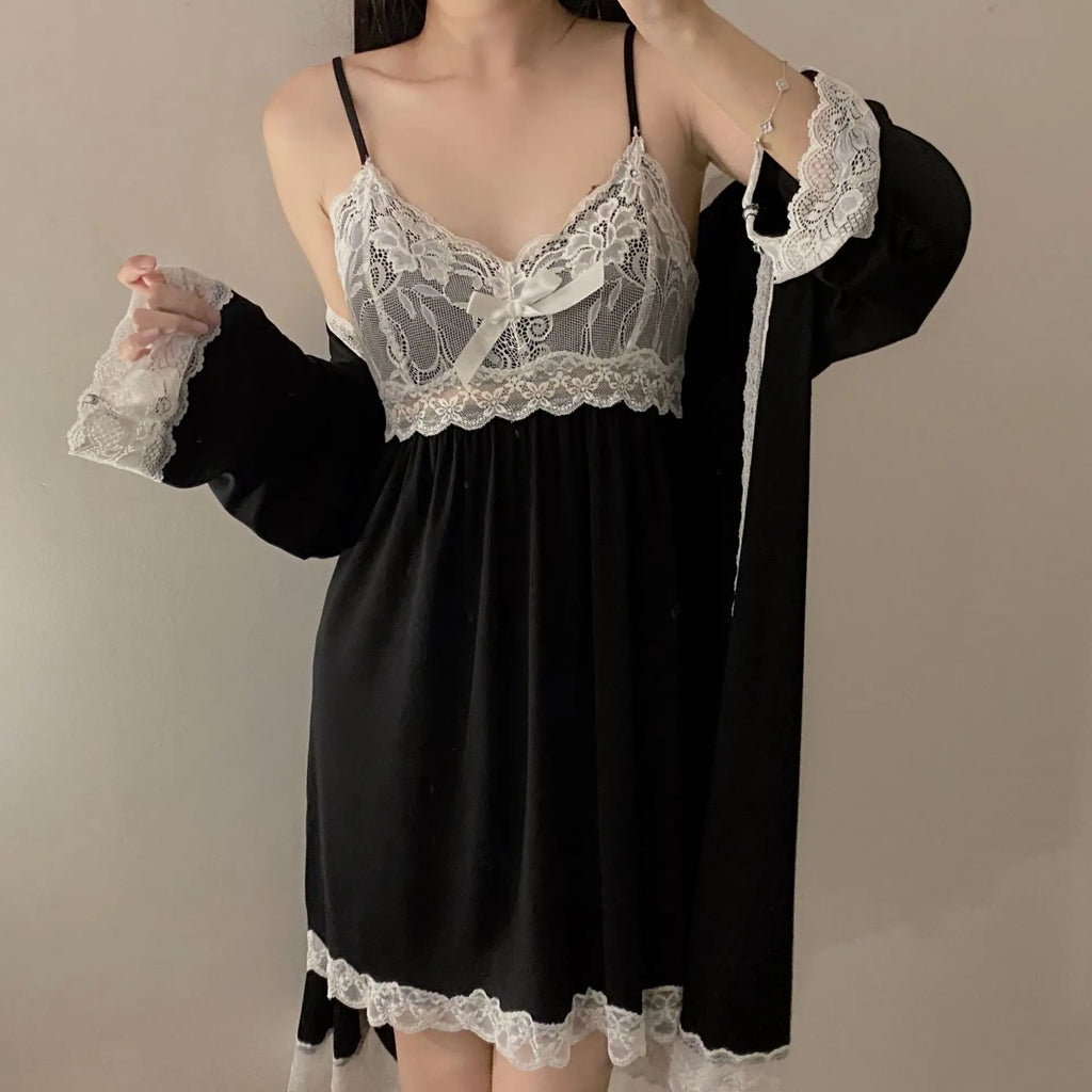 Modal Nightgowns Women Autumn Winter Sleepwear Two Piece Set Lace Sexy Long Sleeve Home Wear Clothing Casual Ladies Nightdress