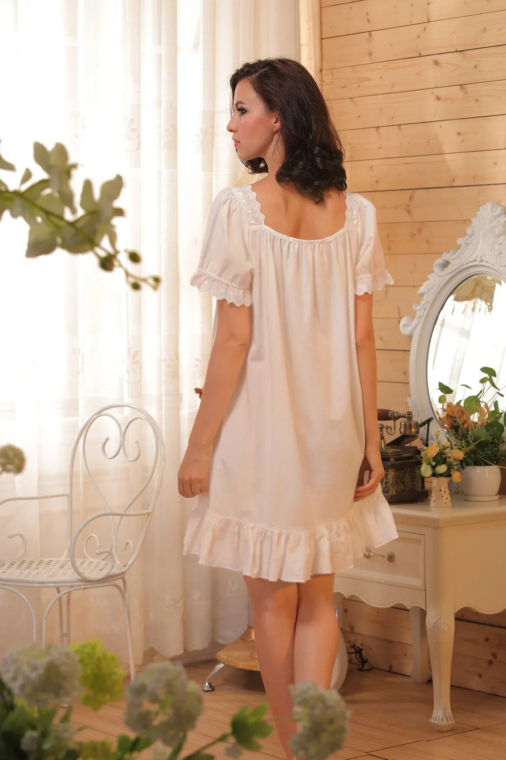 Pure Cotton Victorian Night Dress Women White Short Sleeve Sexy Lace Ruffle Nighty Peignoir Vintage Nightgown Princess Sleepwear