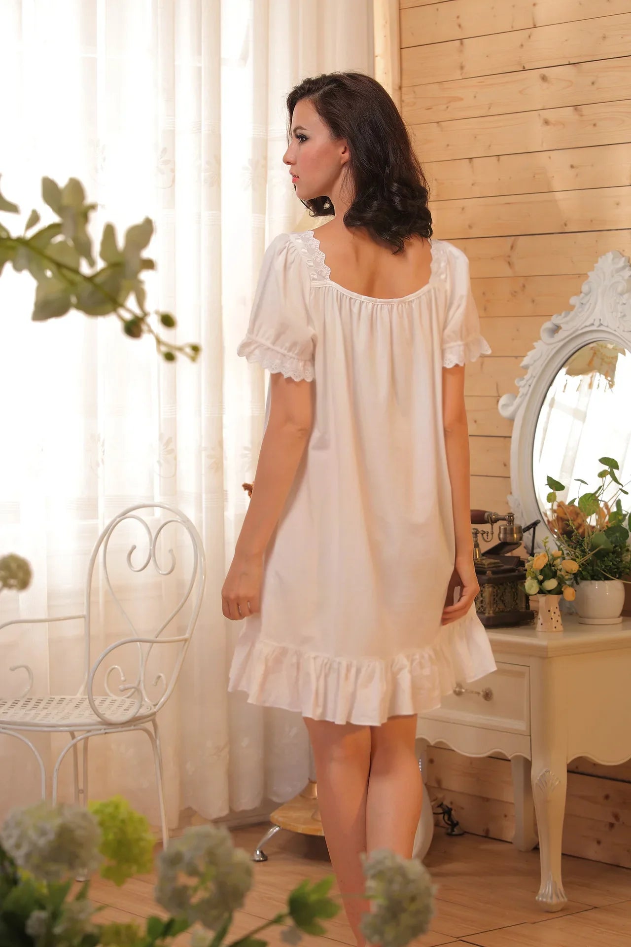 Pure Cotton Victorian Night Dress Women White Short Sleeve Sexy Lace Ruffle Nighty Peignoir Vintage Nightgown Princess Sleepwear