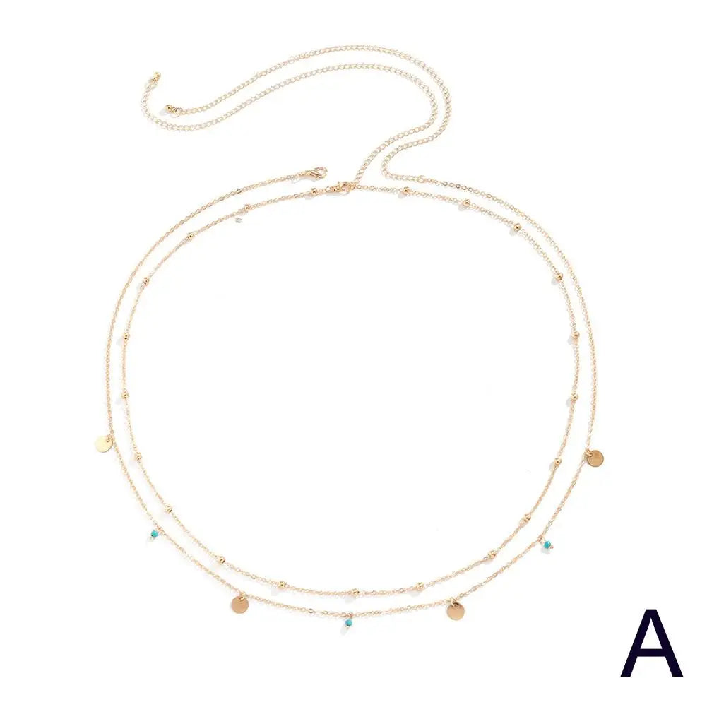 Boho Minimalism Multilayer Waist Beads Simple Tassel Sequin Waist Chain Leisure Hip-hop Double-layer Turquoise Body Waist Chain