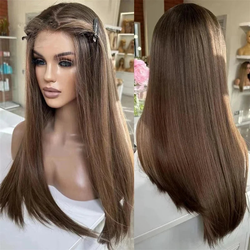 Synthetic Lace Front Front Wig Brown Straight Wig 13×4 Synthetic Glueless Wig Mix Blonde Hairline High Quality Natural Lace Wig
