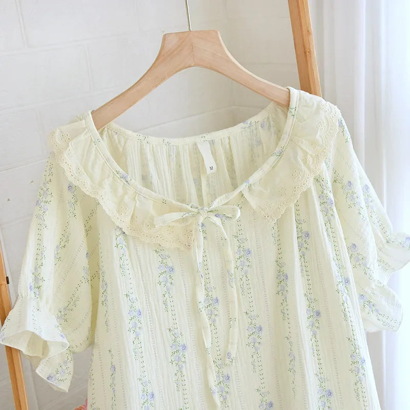 Summer Cotton Nightgown Fresh Round Neck Women's Home Wear Loose Thin Sleepwear Dress Night Wear Lenceria Femenina