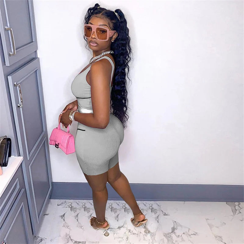 Knitted Ribbed Striped 2 Piece Sets Summer Outfits for Women 2023 Crop Top and Shorts Casual Matching Sets Sportwear Sweatsuits