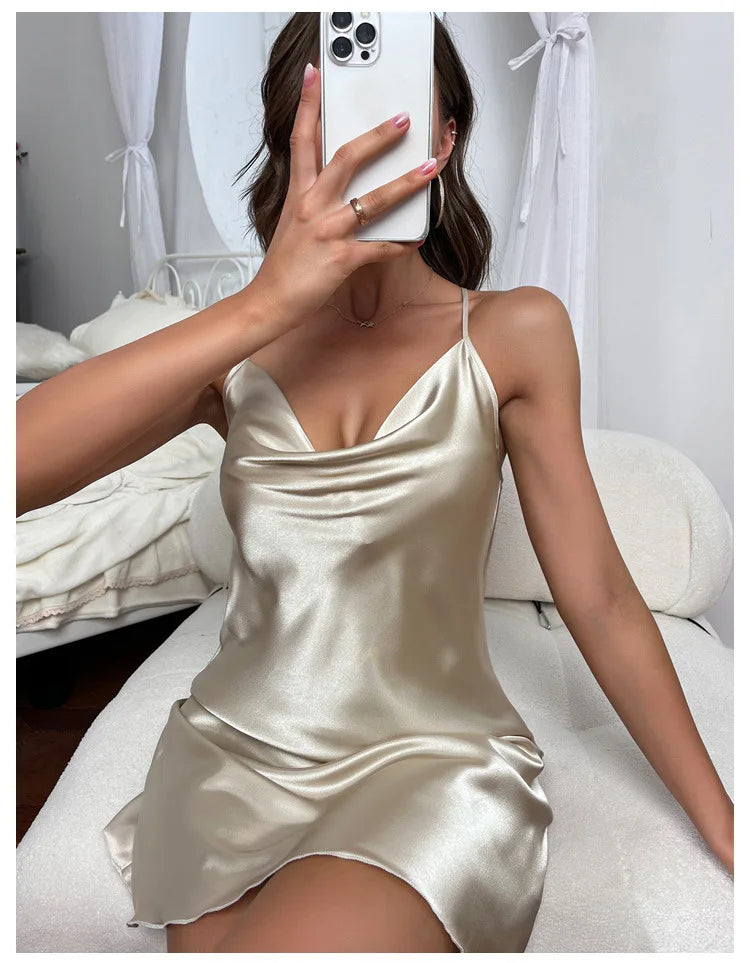 Suspender Nightgown Sleepwear Women Silk Satin Nightdress Sexy Backless Strap Sleepdress Nightwear Summer New Loose Home Wear