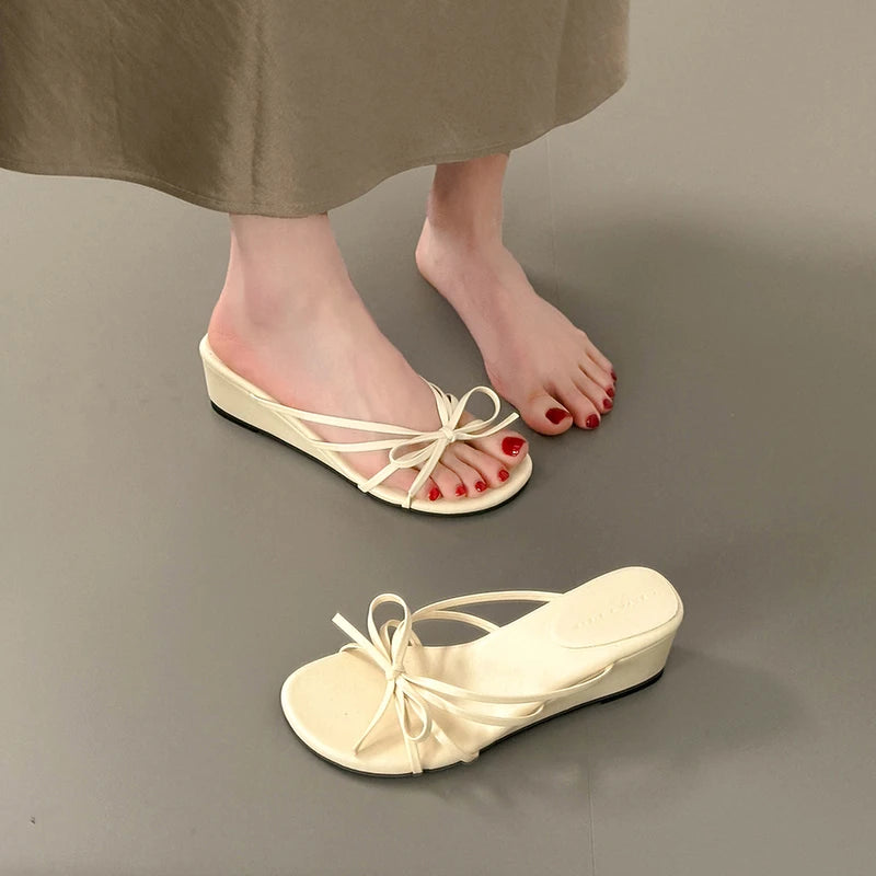Women's Thick Heel Sandals Summer Outdoor Wear  Knot Slip-On Shoes Beach Vacation Heightening Beautiful Cool Sandals