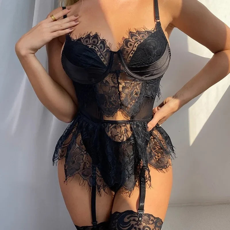 Sexy Lace Erotic Lingerie Women's Underwear Set Lace Mesh See-through 3-piece Set Sexy Babydoll Dress Suit with Stocking Garters