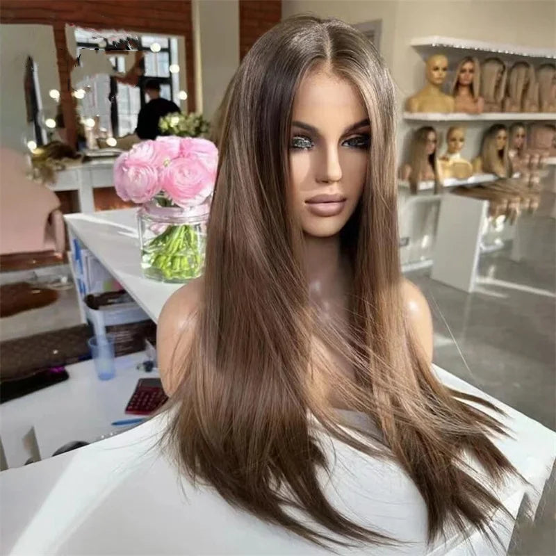 Synthetic Lace Front Front Wig Brown Straight Wig 13×4 Synthetic Glueless Wig Mix Blonde Hairline High Quality Natural Lace Wig