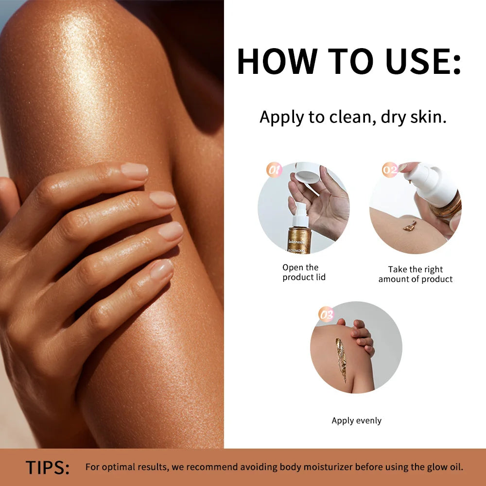 Glowmotions Glow Body Oil 100ml Hydrating Softening Brazilian Shimmer Bronze Non-Greasy Non-Sticky Formula for Beachside Party