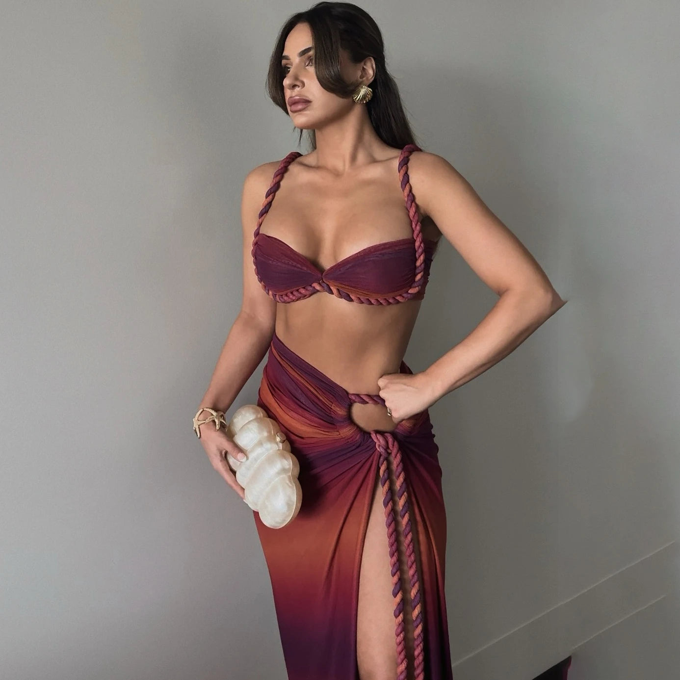 Sexy 3 Pieces Bikini Set With Cover Up Push Up Bikinis Women Swimsuit Female Swimwear Long Skirt Halter Bathing Suit Beachwea