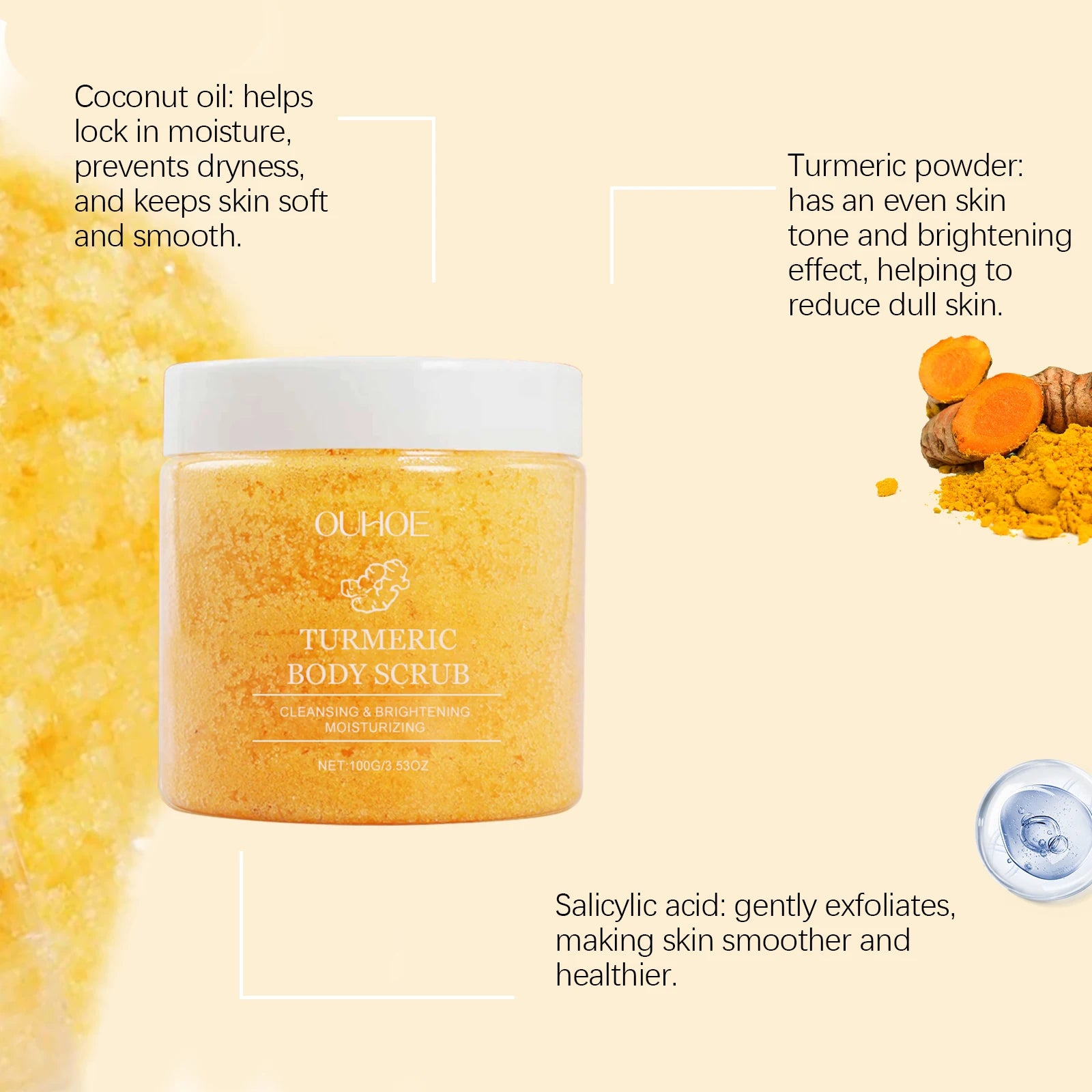 Turmeric Body Scrub Soften Cutin Smooth Skin Moisturizing Brightening Sea Salt Exfoliating Pore Cleaning Lighten Dark Spots Acne