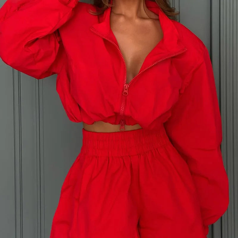 Women's Red 2 Piece Set Zip Up Long Sleeve Crop Top and High Waist Shorts Casual Summer Outfit Matching Set Streetwear Fashion
