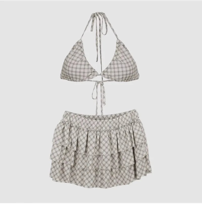 3 Piece Bikini Set Women Checkered High Waisted Sexy Sweet Trendy Cover Up Outfit Slimming Beach Vacation Resort Wear