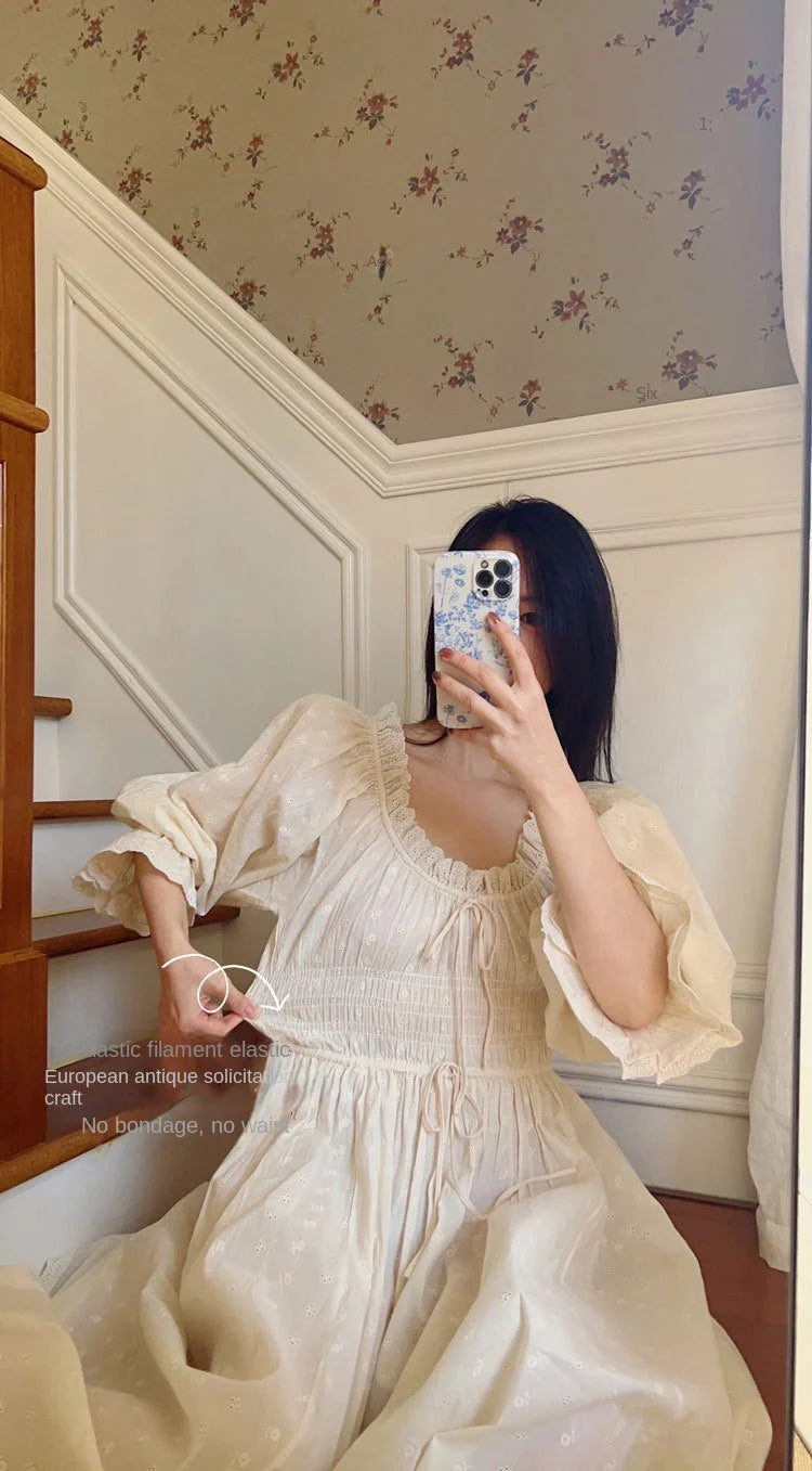 Women 100% Cotton Nightdress Embroidery French Beautiful Sleepwear Sweet Palace Retro Princess Vintage Nightgown Morning Robe