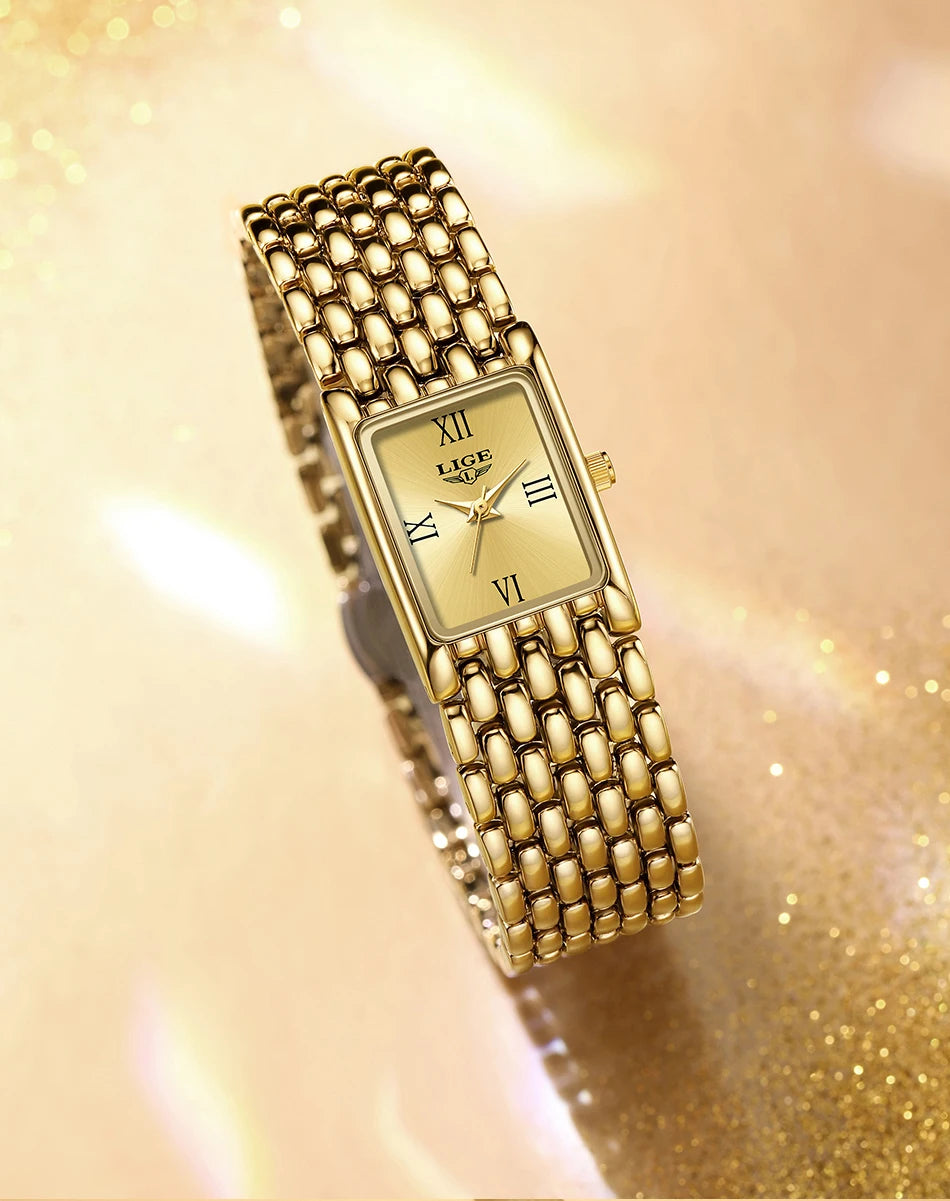 LIGE Silver Watch for Women Square Ladies Quartz Wristwatches Stainless Steel Women Small Gold Watch Luxury Casual Fashion Watch