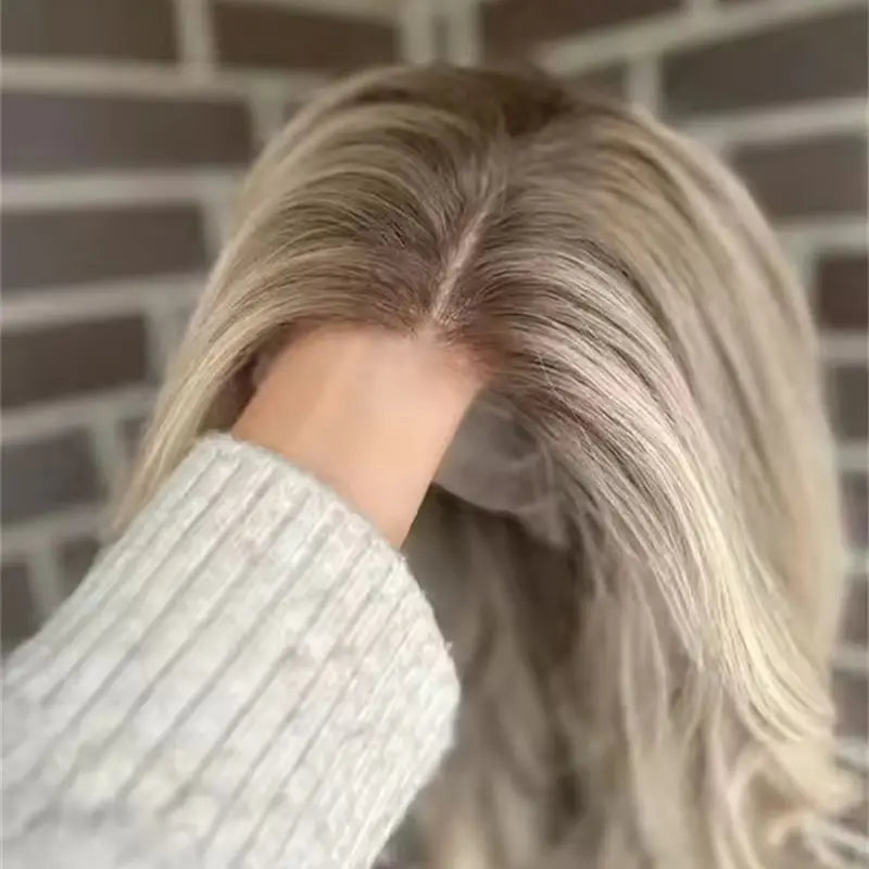 Invisible Transparent Lace Ombre Platinum Blonde Wig with Dark Roots Party Wigs Lace Front Wig Synthetic HD Wigs For Women 20''