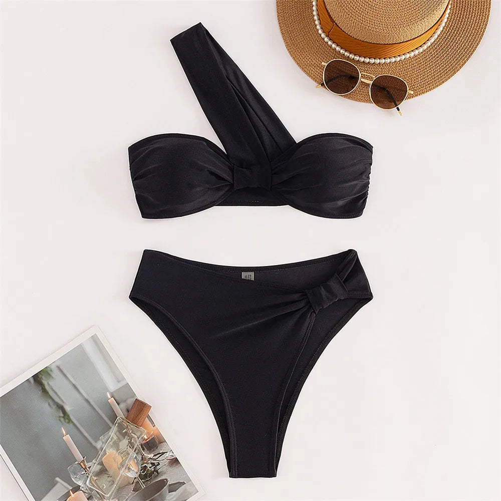 Black High Waisted Bikini Set One Shoulder Bandeau Swimwear Sexy Swimsuit Woman 2026 Bathing Suit Brazilian Bikinis Mujer Bather