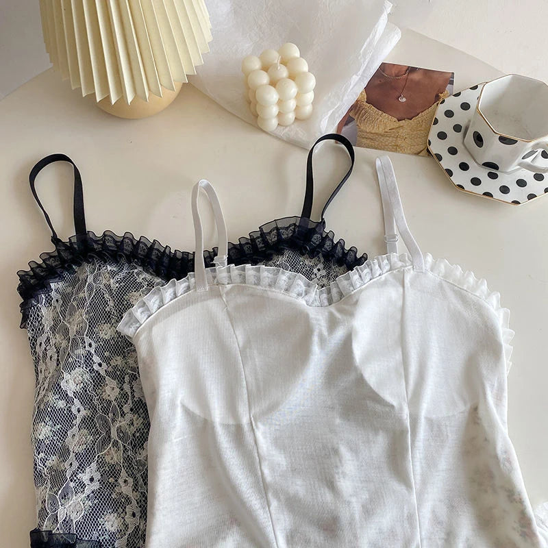 Lace Flower Print Cami Crop Tank Tops Summer Camisole Women's Tube Top Elegant Slim Short Tanks Vest Sexy Pearl Buttons Top