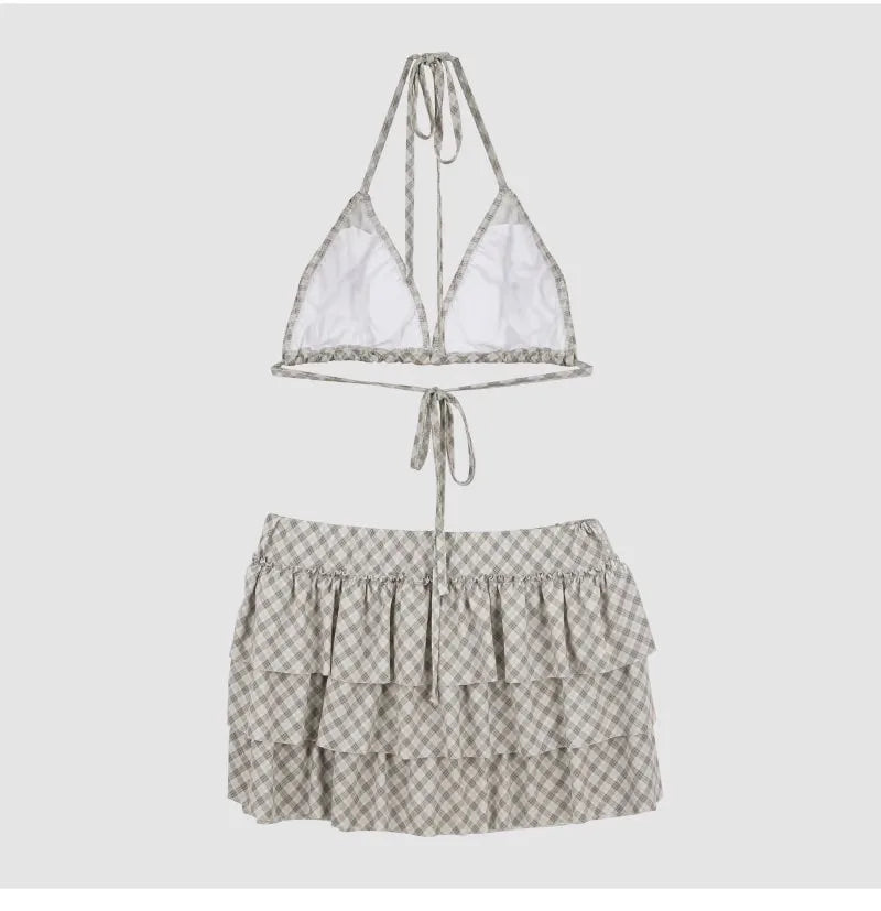 3 Piece Bikini Set Women Checkered High Waisted Sexy Sweet Trendy Cover Up Outfit Slimming Beach Vacation Resort Wear