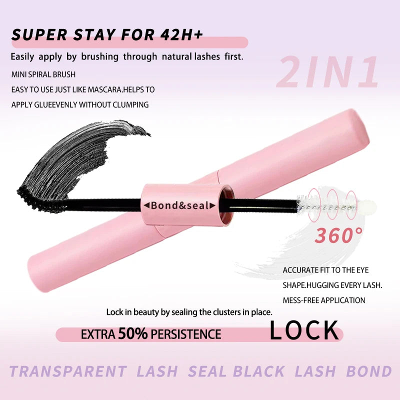 Lash Bond and Seal Glue 2 in 1 for Cluster Lashes, Lash Bond and Seal Super Strong Hold, Latex Free, Waterproof, Lash Glue