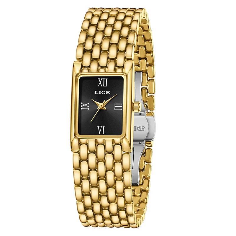 LIGE Silver Watch for Women Square Ladies Quartz Wristwatches Stainless Steel Women Small Gold Watch Luxury Casual Fashion Watch