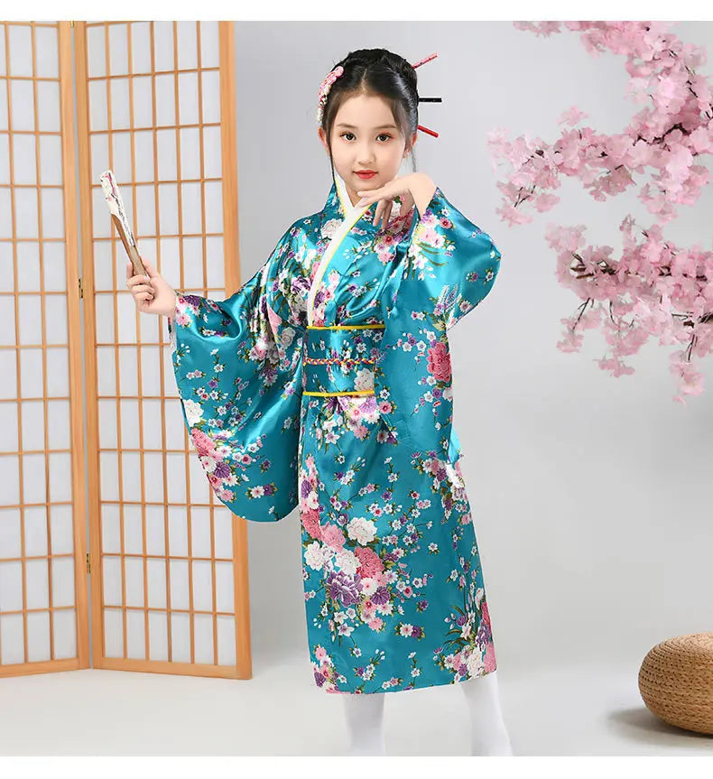 Kids Japan Style Sakura Floral Kimono Robe, Traditional Yukata Haori Elegant Dress for Cultural Performance Costume