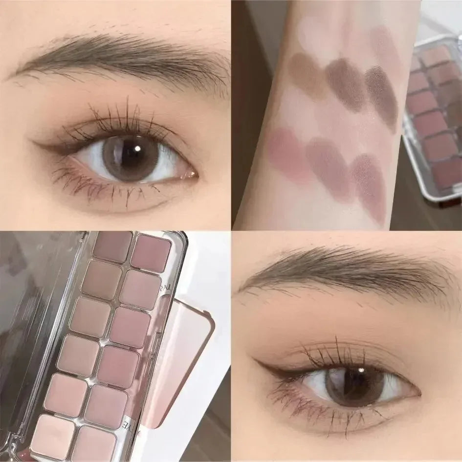12-color low-saturation earthy pink-purple eyeshadow palette | Matte, pearlescent, and glitter textures | High color payoff