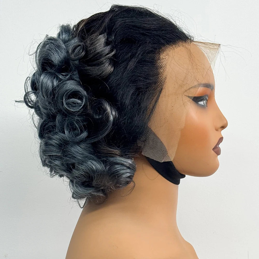 13x4 Transparent Lace Frontal Wigs Loose Bouncy Curly Human Hair Wig 250% Density Gray Short Wave Curly Wigs for Black Women