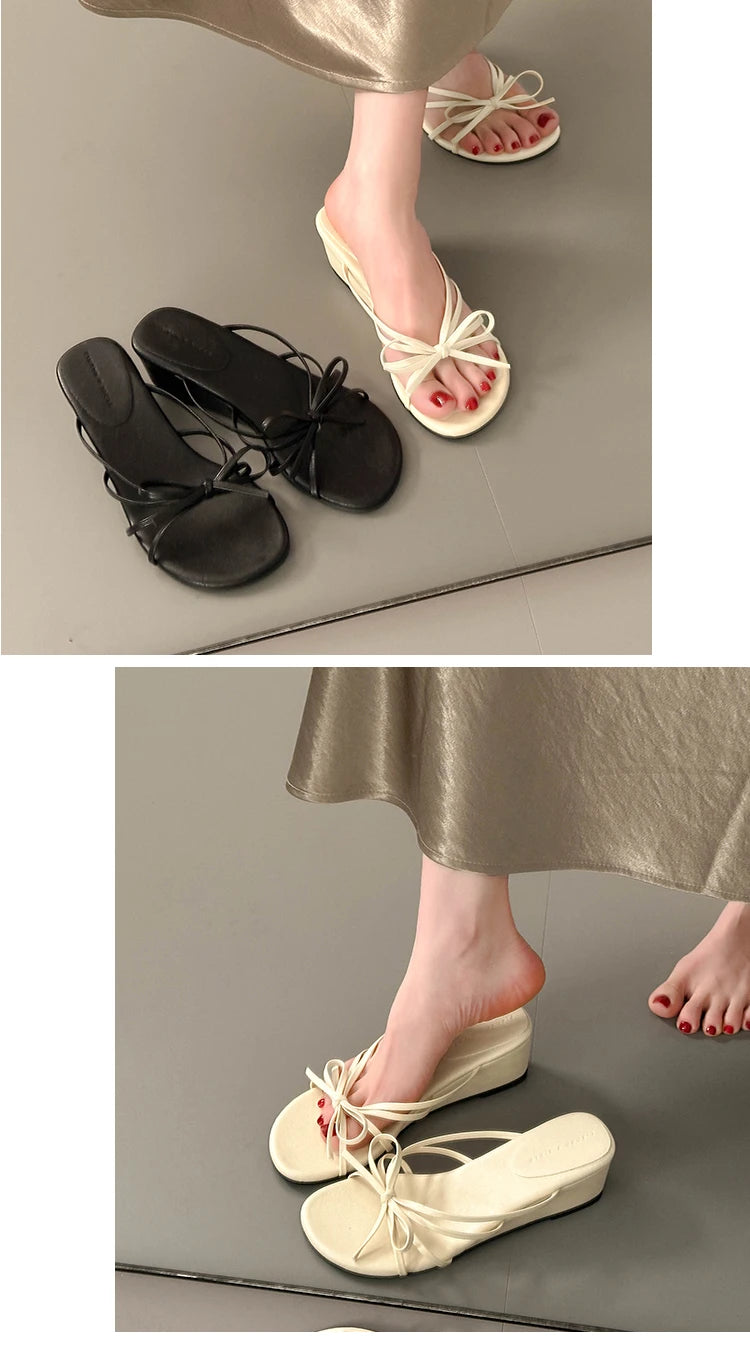Women's Thick Heel Sandals Summer Outdoor Wear  Knot Slip-On Shoes Beach Vacation Heightening Beautiful Cool Sandals