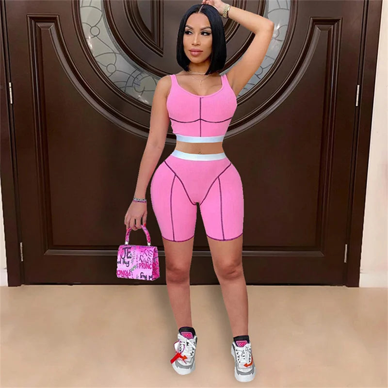 Knitted Ribbed Striped 2 Piece Sets Summer Outfits for Women 2023 Crop Top and Shorts Casual Matching Sets Sportwear Sweatsuits