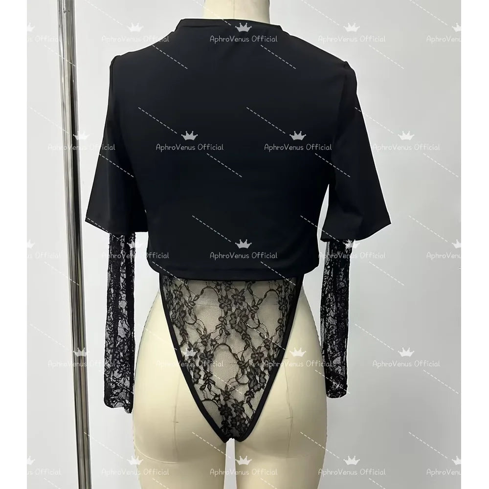 Sexy Lace Bodysuit T-Shirt 2-Piece Set Women's Fashion Lingerie Y2K Streetwear Outfit Casual Summer Clothes S-XXL