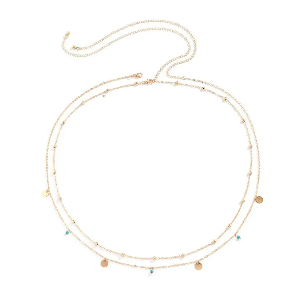 Boho Minimalism Multilayer Waist Beads Simple Tassel Sequin Waist Chain Leisure Hip-hop Double-layer Turquoise Body Waist Chain