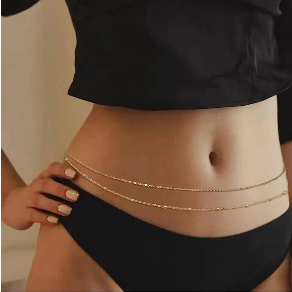 Waterproof Waist Chains for Women 14K Gold Plated STAINLESS STEEL Layered Cuban Pearl Satellite Beads Belly Belt Body Jewelry