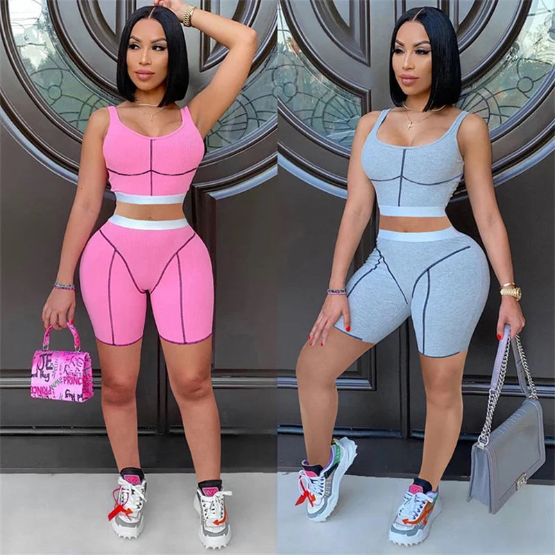 Knitted Ribbed Striped 2 Piece Sets Summer Outfits for Women 2023 Crop Top and Shorts Casual Matching Sets Sportwear Sweatsuits