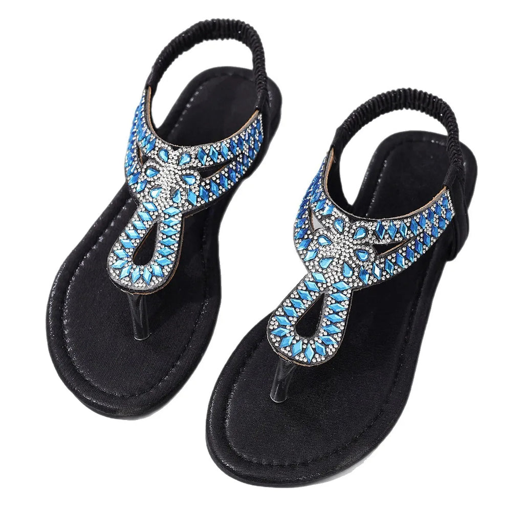 Blue Rhinestones Flat Sandals for Women Summer Bohemian Style Comfort Beach Shoes Woman Lightweight Clip Toe Roman Sandals