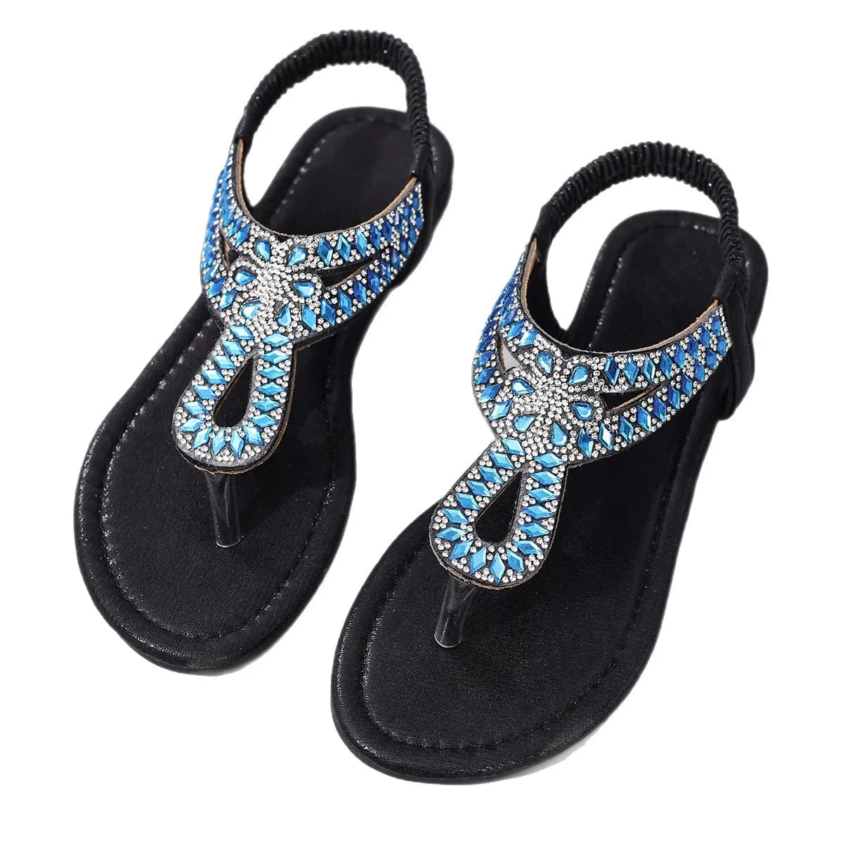 Blue Rhinestones Flat Sandals for Women Summer Bohemian Style Comfort Beach Shoes Woman Lightweight Clip Toe Roman Sandals