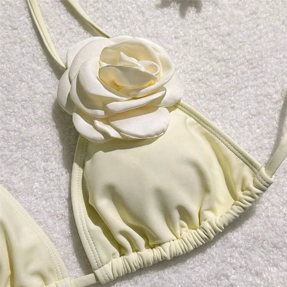 Sexy 3D Flower Black Triangle Bikinis Set Micro Thong Swimsuits Women String Halter Bathing Suit Bikini Mujer Biquinis Swim