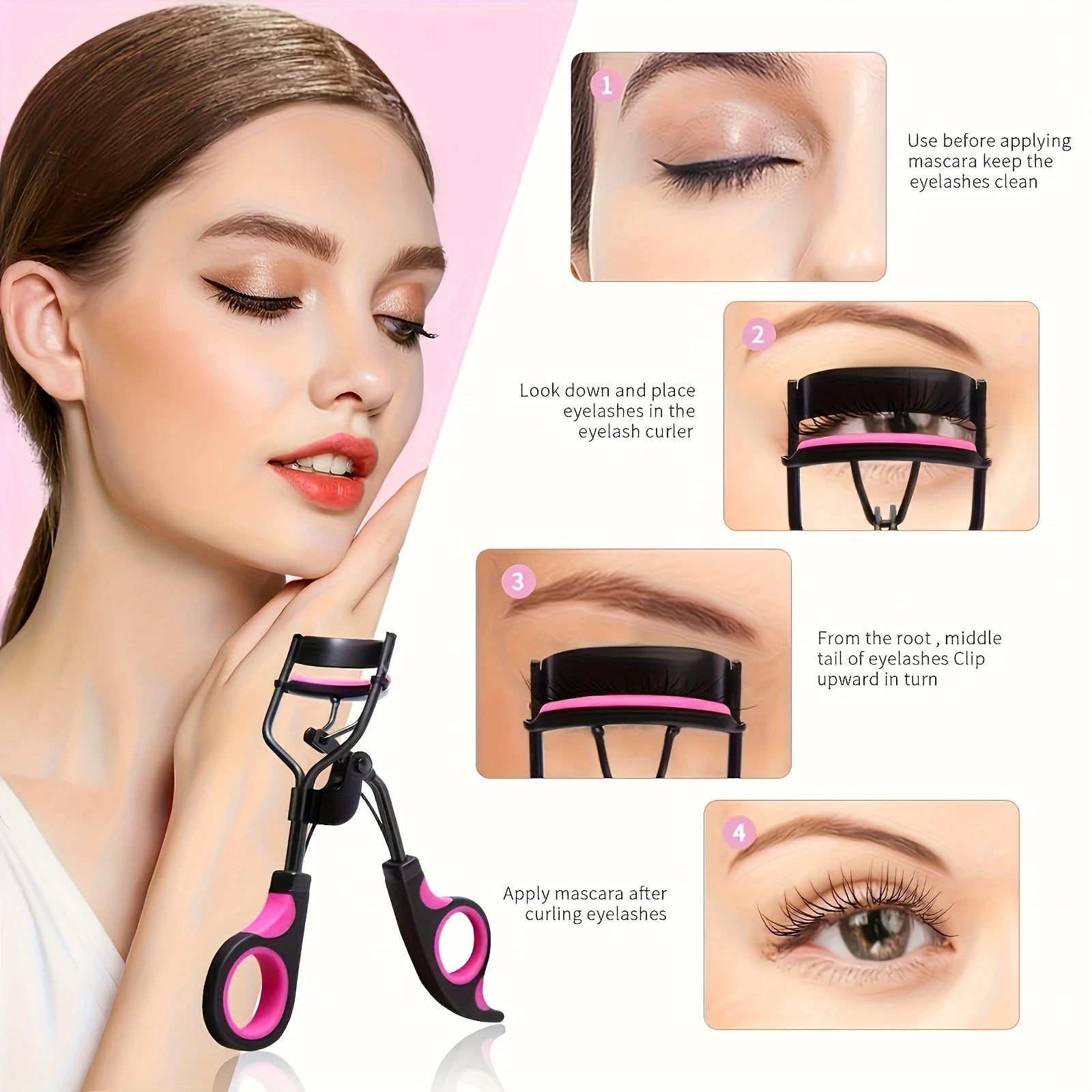 Women's Eyelash Curler Heavy-Duty & Ergonomic Handle with Contoured Design Black & Pink with Pink Tips Long-Lasting Lift
